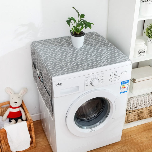 Faux Linen Washing Machine Cover with Pocket Refrigerator Top Cover Microwave Oven Dust Proof Cover Household Home Storage